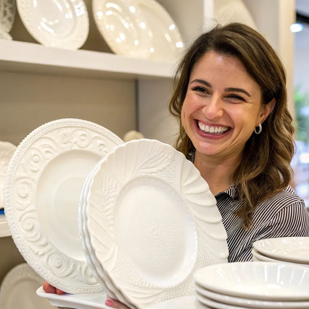 Smiling customer holding dinnerware